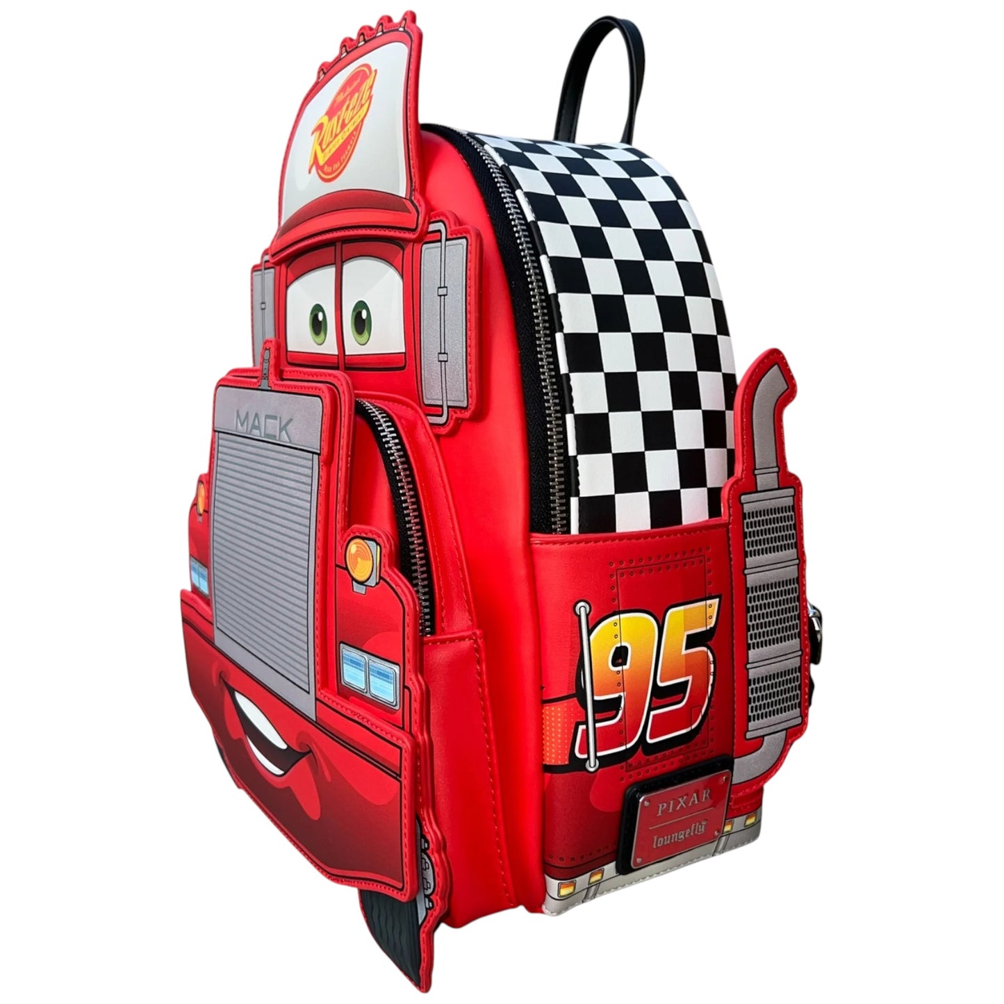 Red Mack-shaped backpack with checkered pattern on a white background