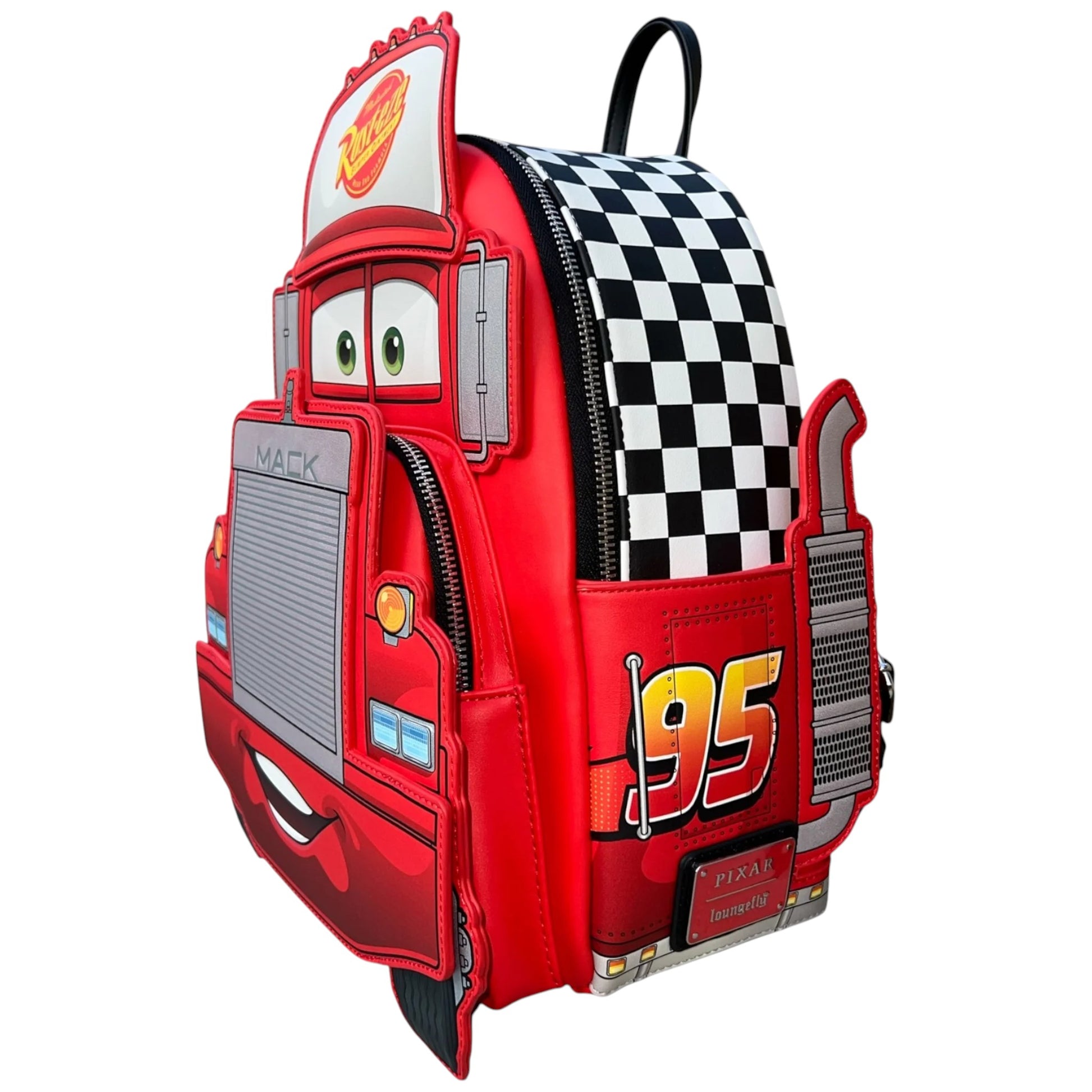 Red Mack-shaped backpack with checkered pattern on a white background