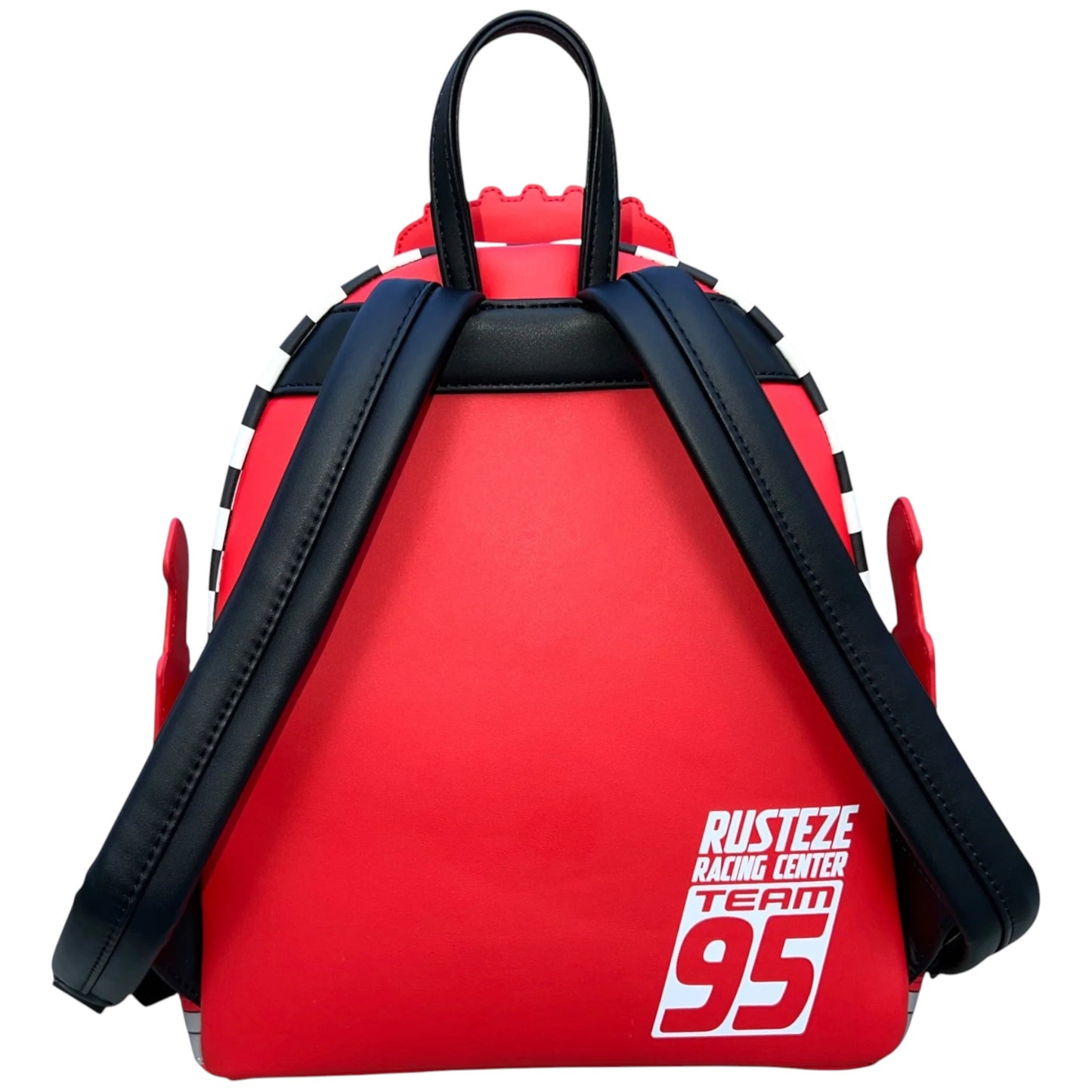 Red Mack backpack with black straps and 'Rust-eze Racing Center Team 95' text on a white background