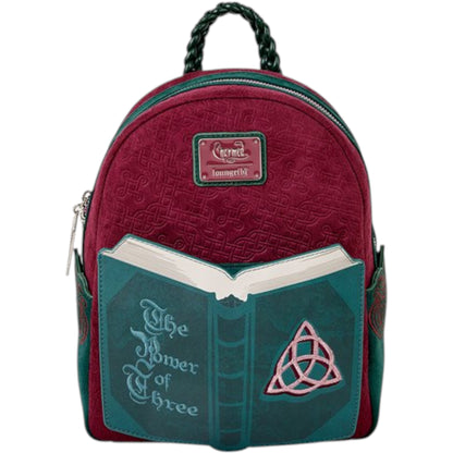 Red and green Loungefly Paramount Charmed Light-Up Mini Backpack with book design and 'The Power of Three' text on a white background