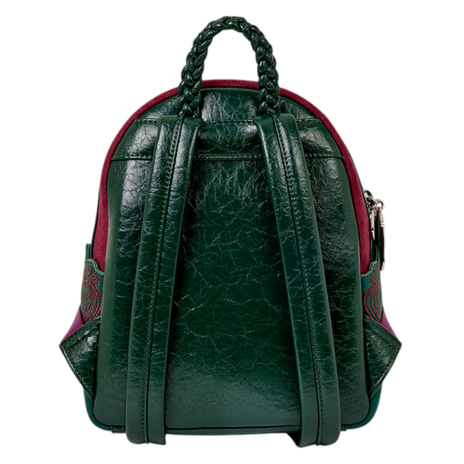 Back of Red and green Loungefly Paramount Charmed Light-Up Mini Backpack with green leather straps and a green braided handle on a white background