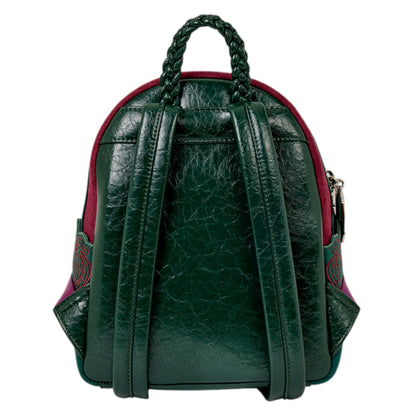 Back of Red and green Loungefly Paramount Charmed Light-Up Mini Backpack with green leather straps and a green braided handle on a white background