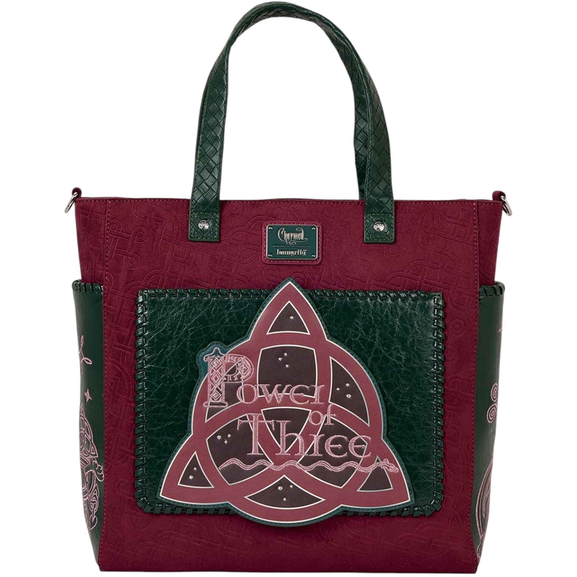 Red and green Charmed Power of Three Convertible Backpack & Tote Crossbody Bag with a decorative patch featuring 'Power of Three' text and symbols on a white background