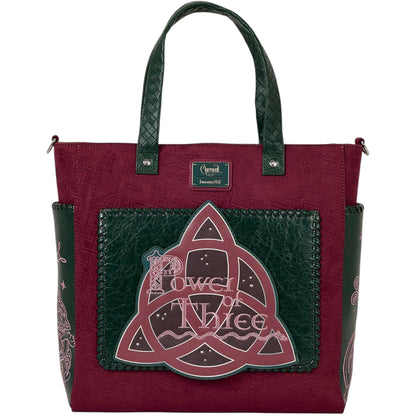 Red and green Charmed Power of Three Convertible Backpack & Tote Crossbody Bag with a decorative patch featuring 'Power of Three' text and symbols on a white background