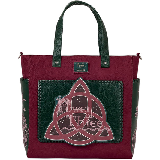 Red and green Charmed Power of Three Convertible Backpack & Tote Crossbody Bag with a decorative patch featuring 'Power of Three' text and symbols on a white background