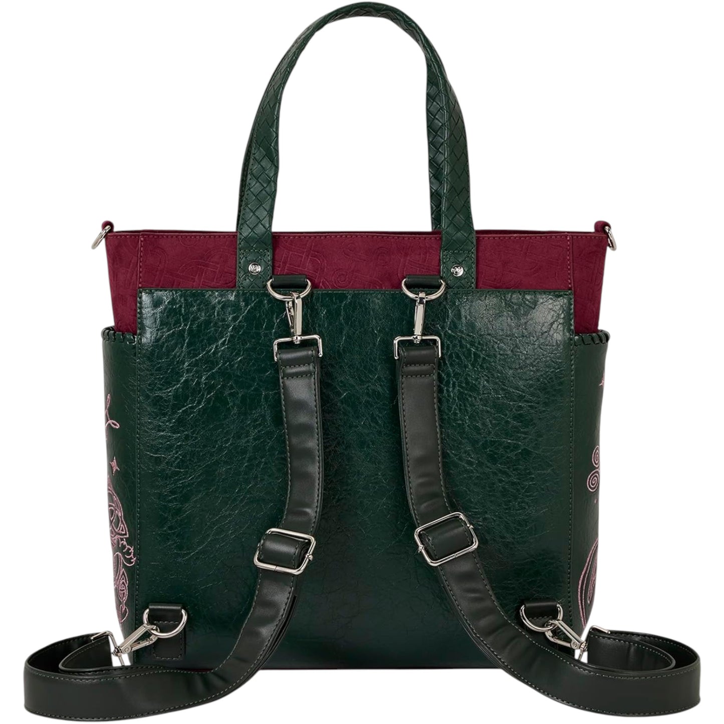 Back of Green and red Red and green Charmed Power of Three Convertible Backpack & Tote Crossbody Bag with detachable straps on a white background
