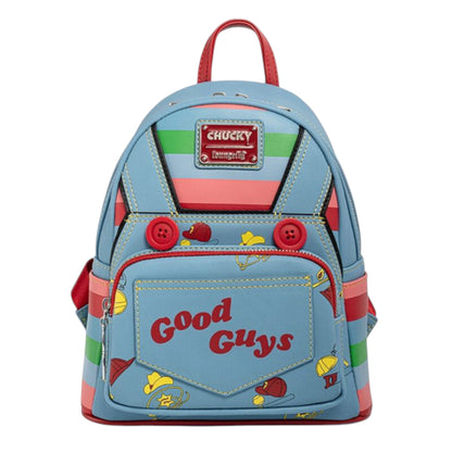 Loungefly Child's Play Chucky Cosplay Mini Backpack with 'Good Guys' text and colorful design on a white background
