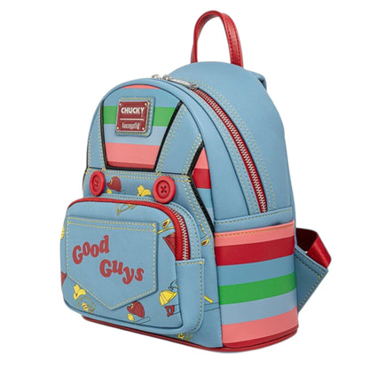 Loungefly Child's Play Chucky Cosplay Mini Backpack with 'Good Guys' text and colorful design on a white background
