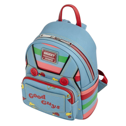 Loungefly Child's Play Chucky Cosplay Mini Backpack with 'Good Guys' text and colorful design on a white background