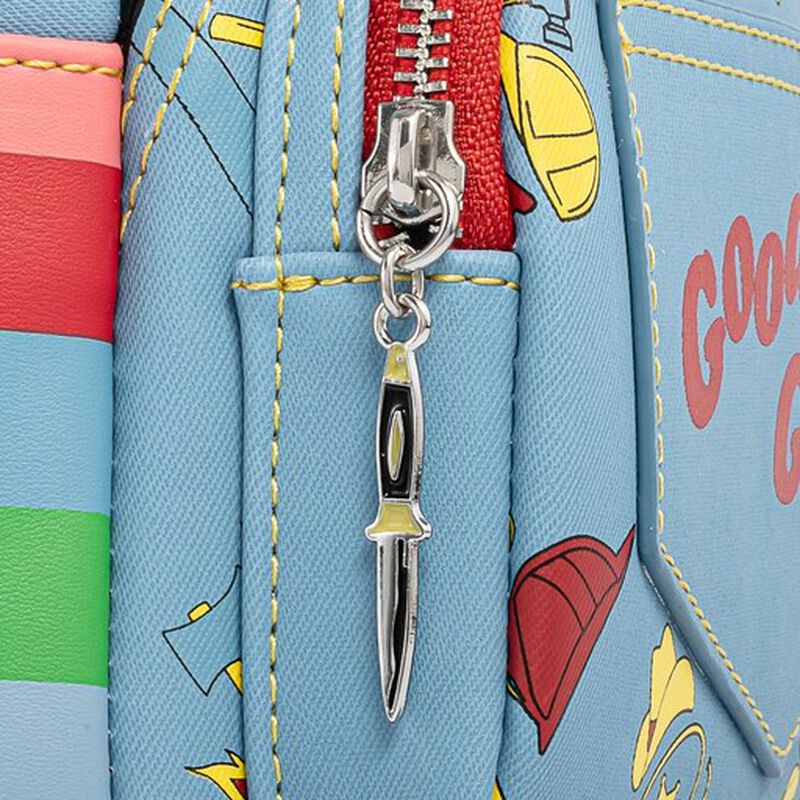 Close-up of Loungefly Child's Play Chucky Cosplay Mini Backpack with  a knife-shaped zipper charm on a blue background