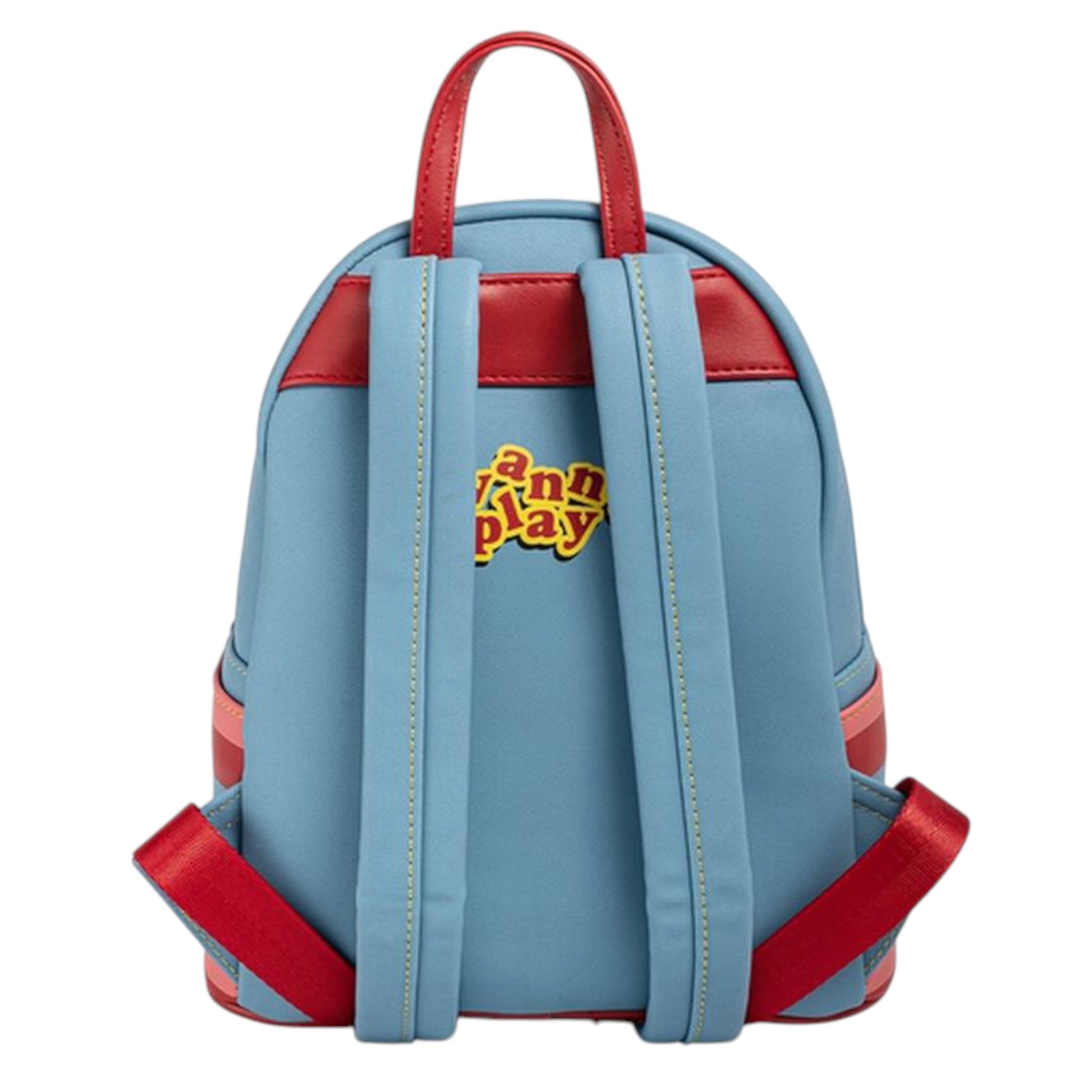 Back of Loungefly Child's Play Chucky Cosplay Mini Backpack with blue straps and 'Wanna Play' text on a white background