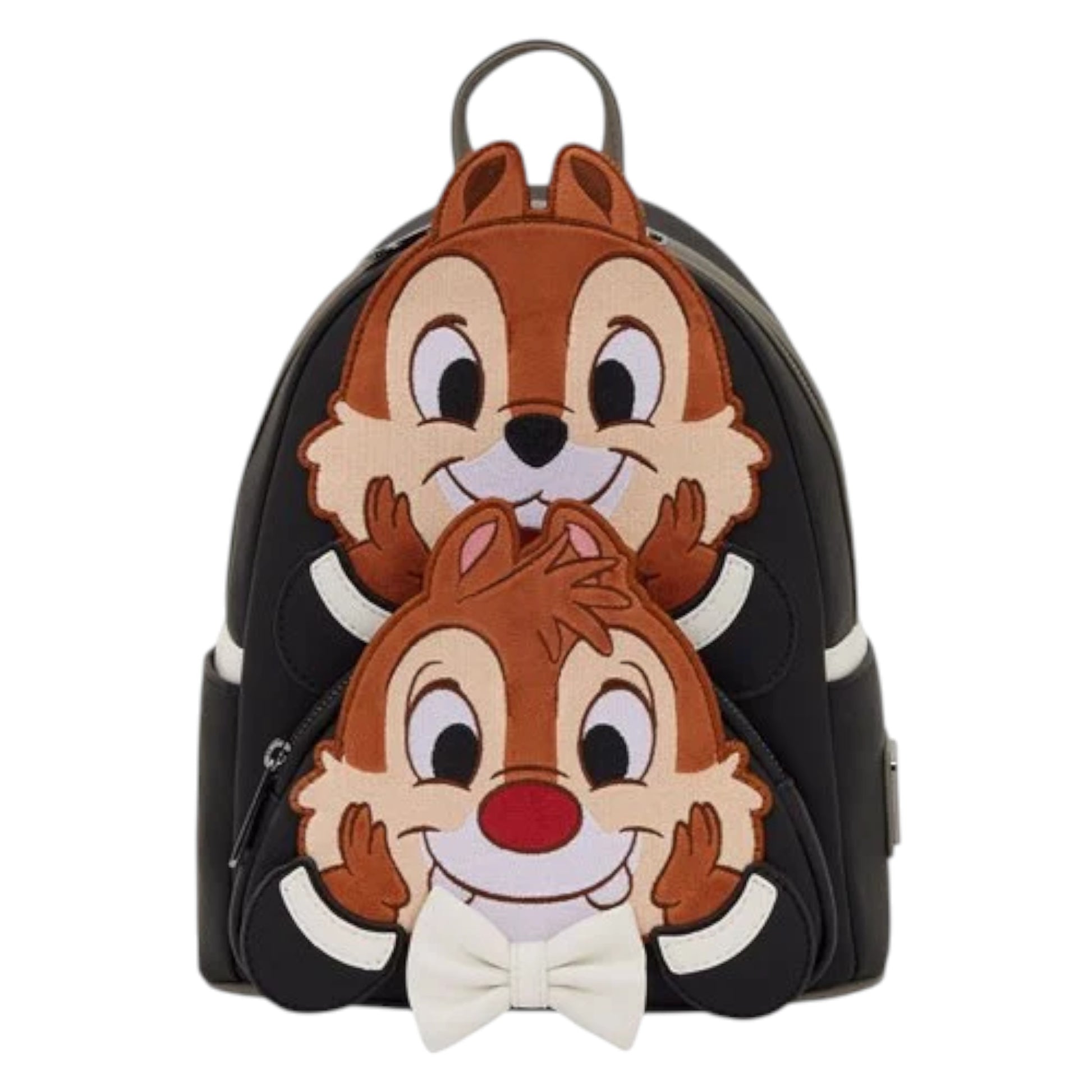 Loungefly New Chip 'n' Dale Two Chips and a Miss Mini Backpack with Chip and Dale character faces with their hands on their cheeks stacked on top of each other wearing tuxedos on a white background