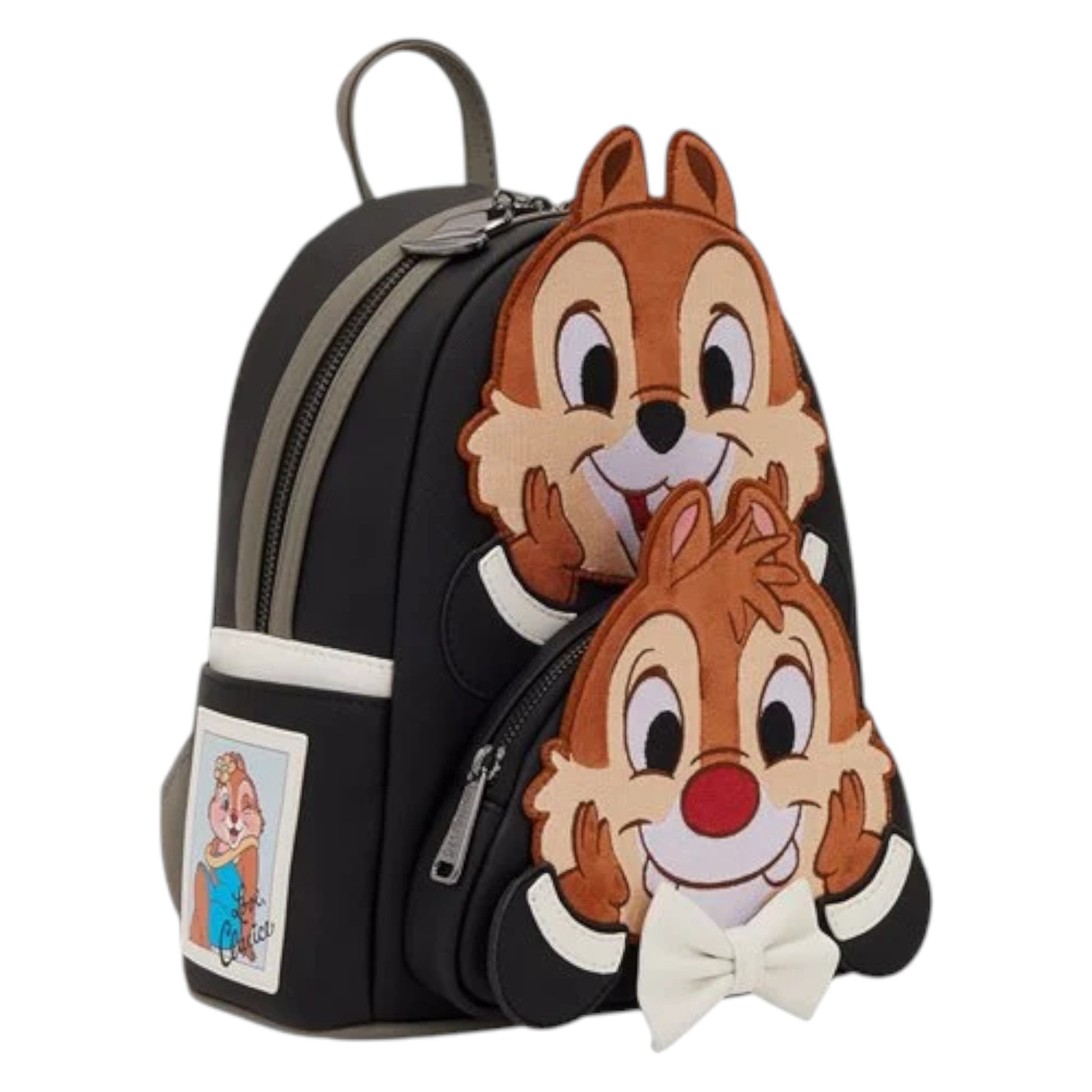 Loungefly New Chip 'n' Dale Two Chips and a Miss Mini Backpack with Chip and Dale character faces with their hands on their cheeks stacked on top of each other wearing tuxedos on a white background