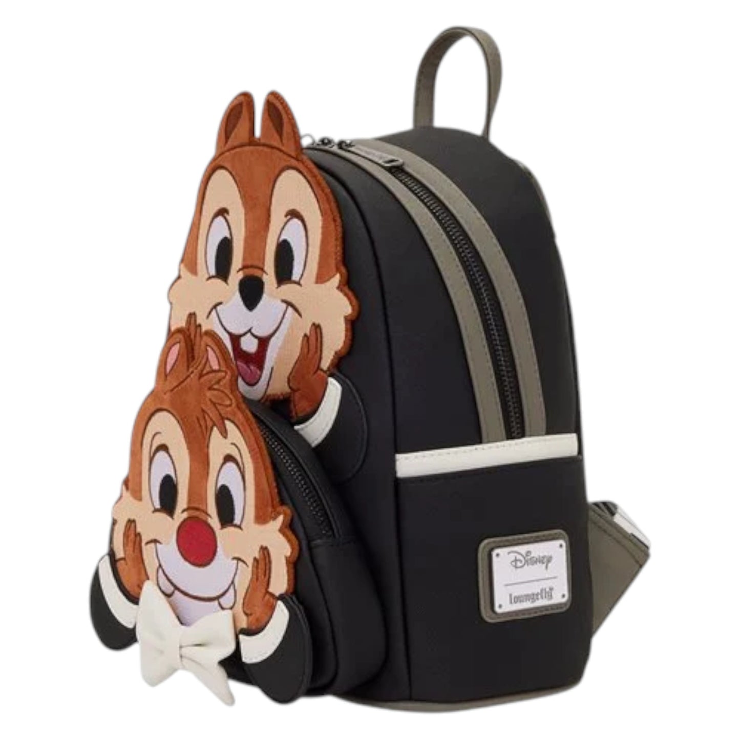 Loungefly New Chip 'n' Dale Two Chips and a Miss Mini Backpack with Chip and Dale character faces with their hands on their cheeks stacked on top of each other wearing tuxedos on a white background