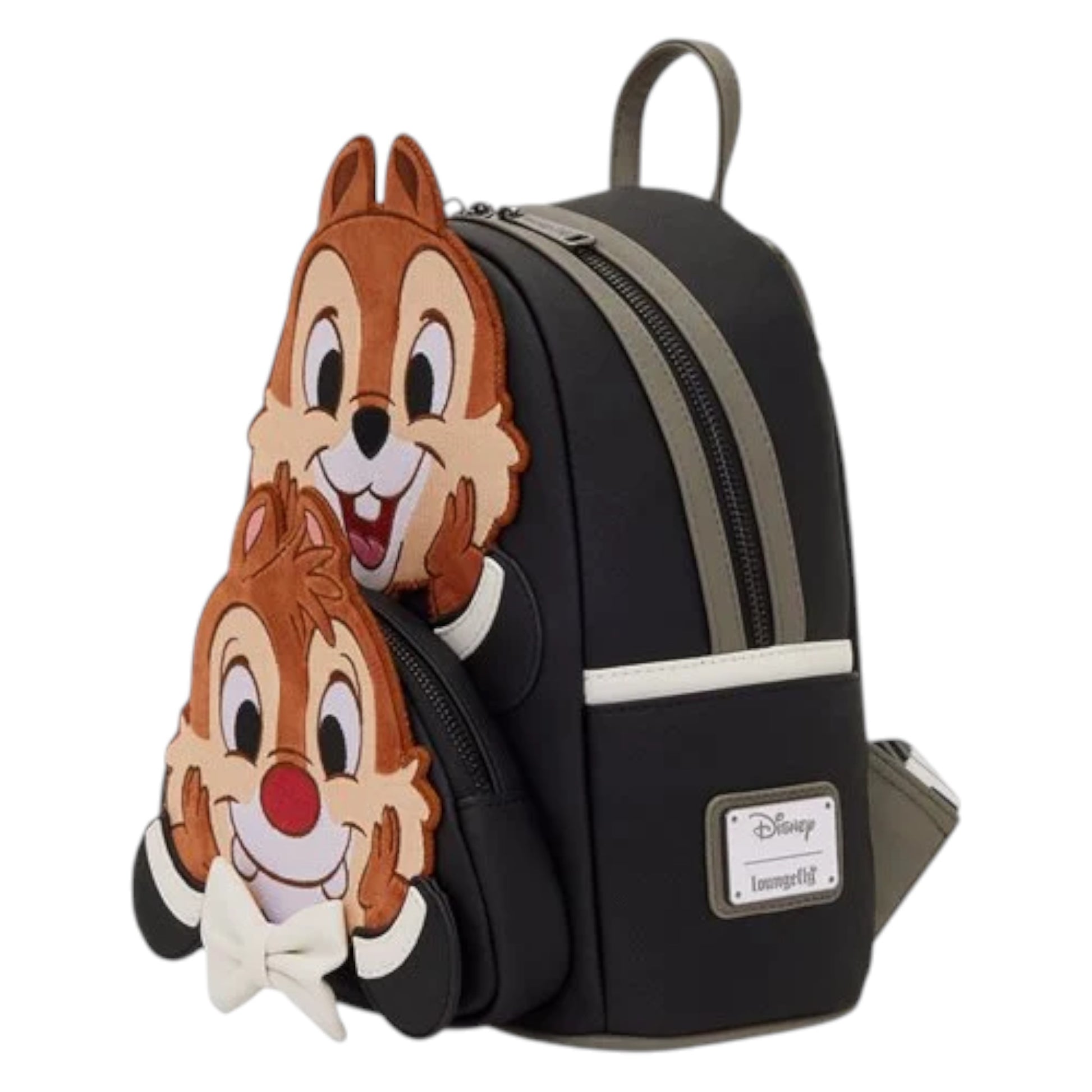 Loungefly New Chip 'n' Dale Two Chips and a Miss Mini Backpack with Chip and Dale character faces with their hands on their cheeks stacked on top of each other wearing tuxedos on a white background