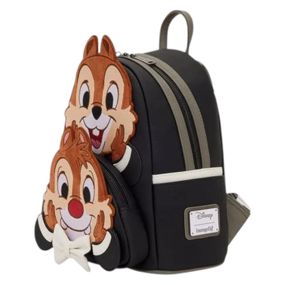 Loungefly New Chip 'n' Dale Two Chips and a Miss Mini Backpack with Chip and Dale character faces with their hands on their cheeks stacked on top of each other wearing tuxedos on a white background