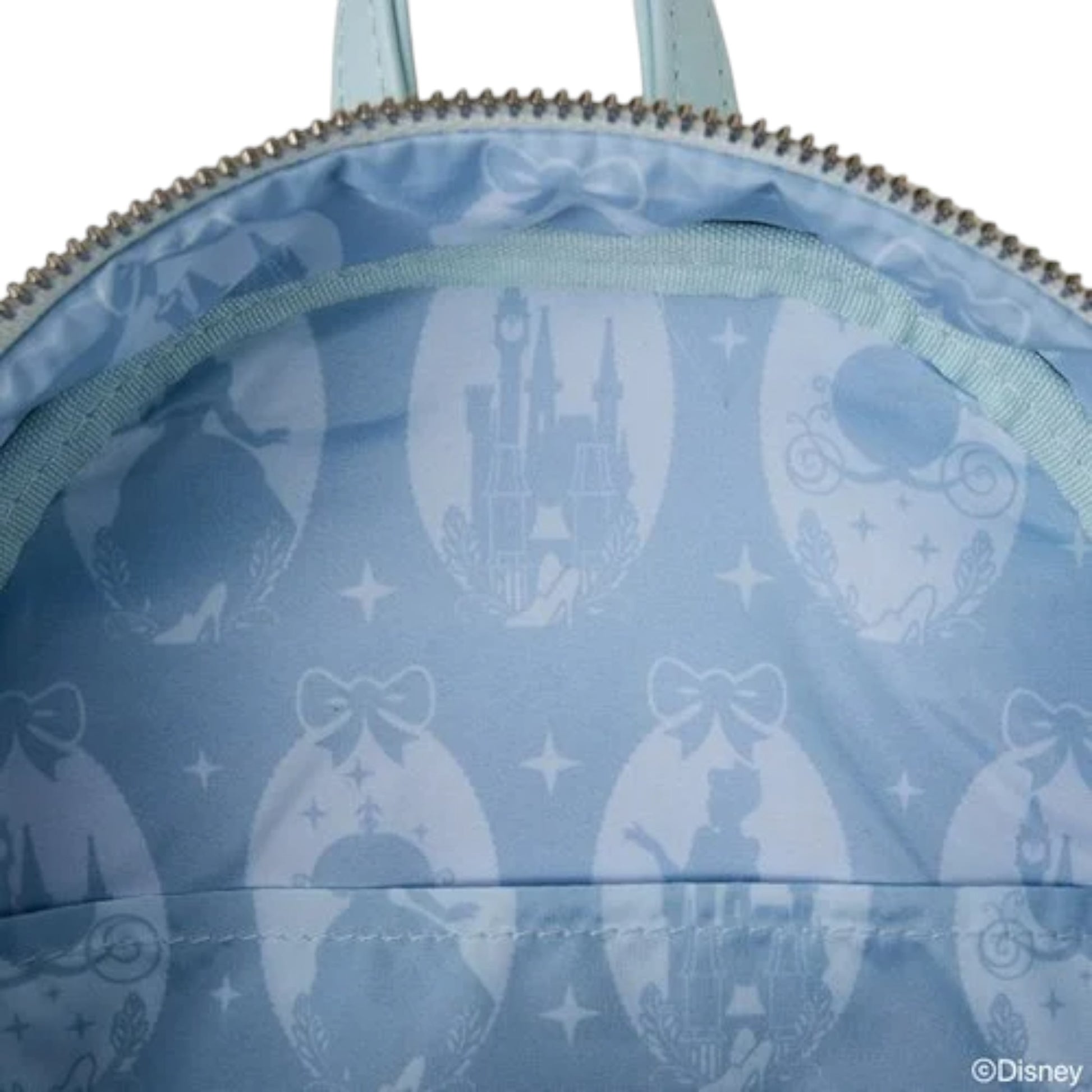 Close-up of a light blue Cinderella Mini Backpack with Cinderella  character pattern