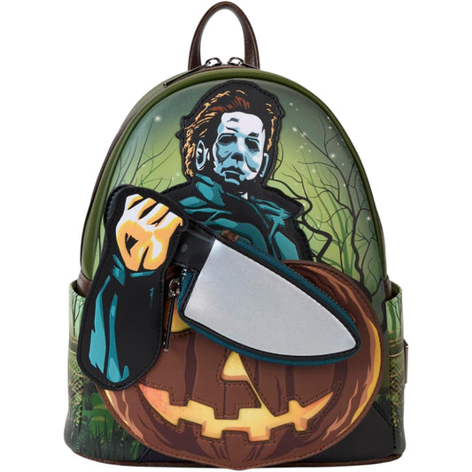 Michael Myers Pumpkin Glow Mini Backpack design featuring a Michael Myers character with an knife and a pumpkin.
