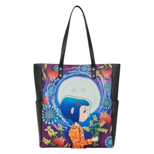 Tote bag with a colorful design of Coraline Garden in an orange outfit, holding flowers, on a purple background.
