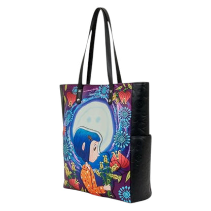 Colorful tote bag with Coraline Garden character and floral design on a white background