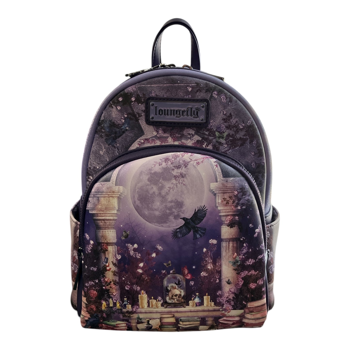 Dark Academia  Backpack with fantasy design featuring a moon, castle, and flying bird on a white background.