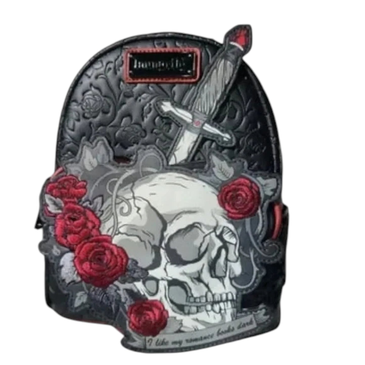 Dark Romance Backpack with skull, roses, and sword design on a white background