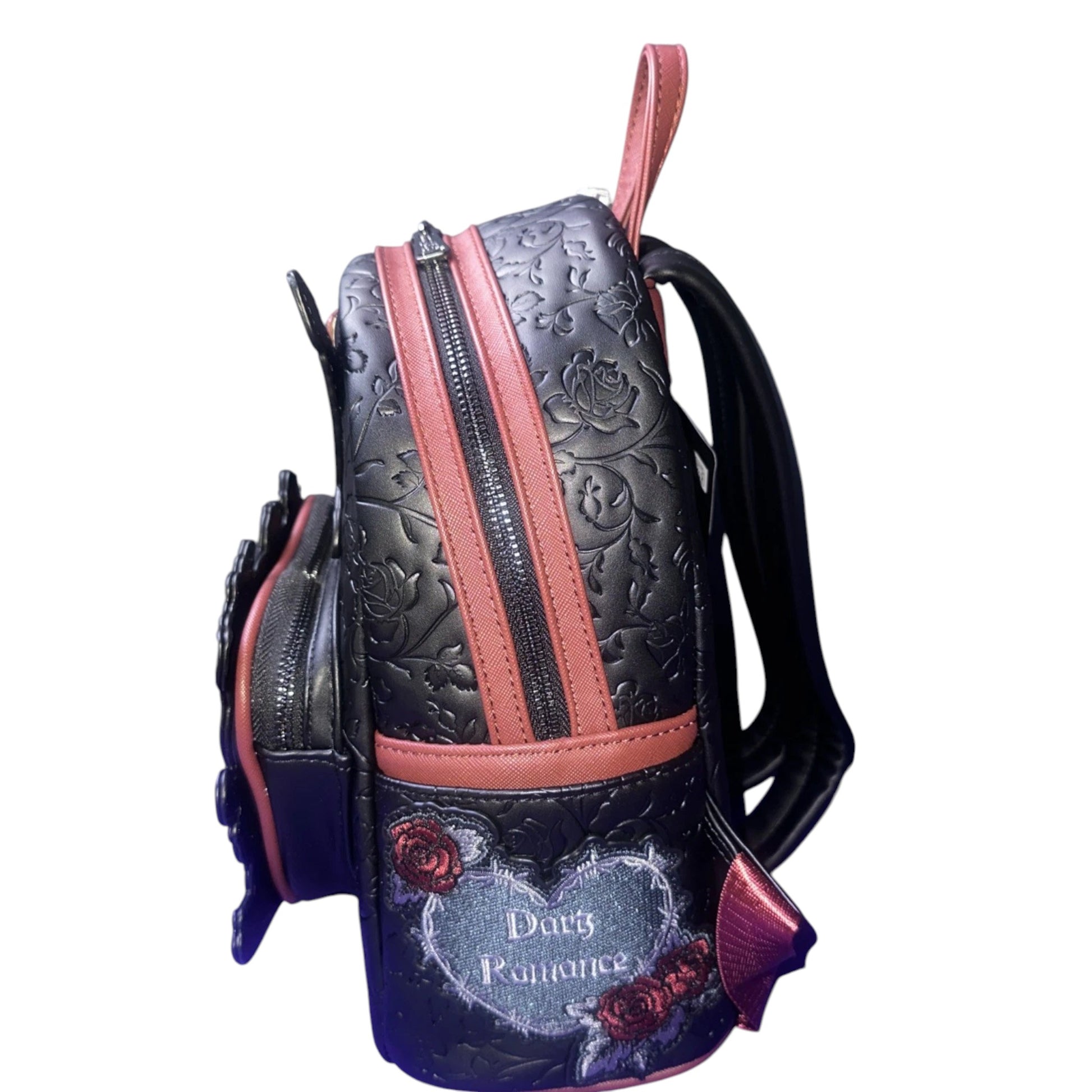 Black floral-patterned Dark Romance backpack with red accents on a white background