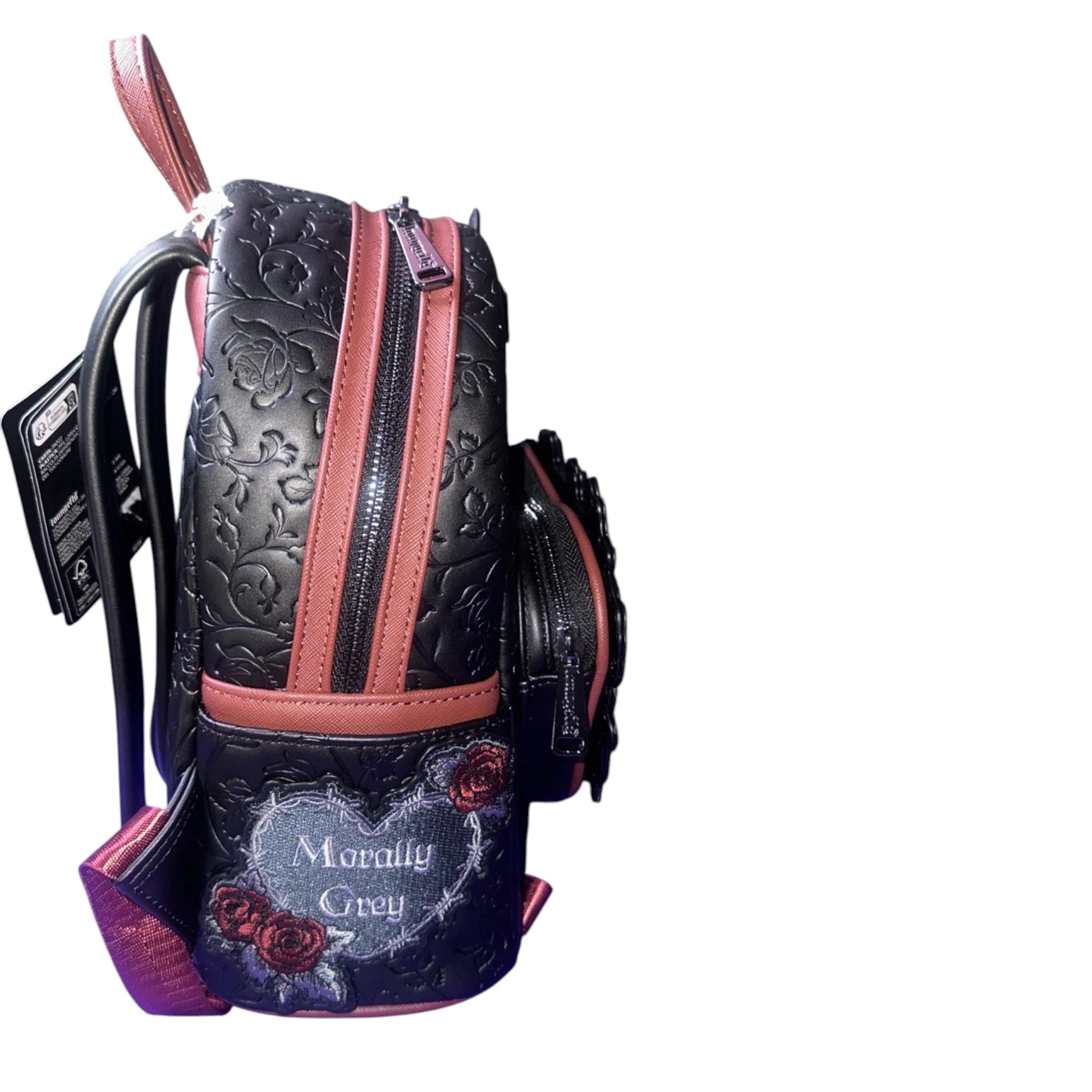 Black and red textured Dark Romance backpack with floral designs and 'Morally Grey' text on a white background