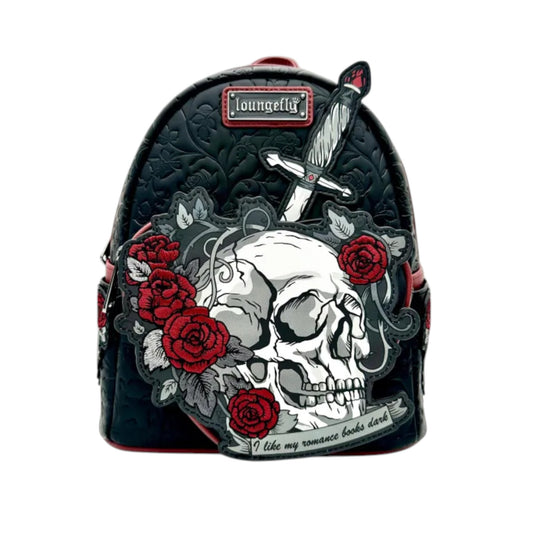 Loungefly Dark Romance Mini Backpack with skull, dagger, and roses design on a white background