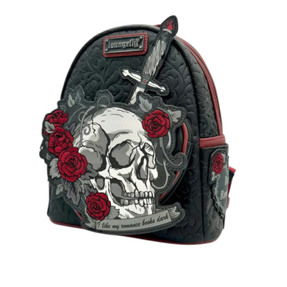 Loungefly Dark Romance Mini Backpack with skull, dagger, and roses design on a white background