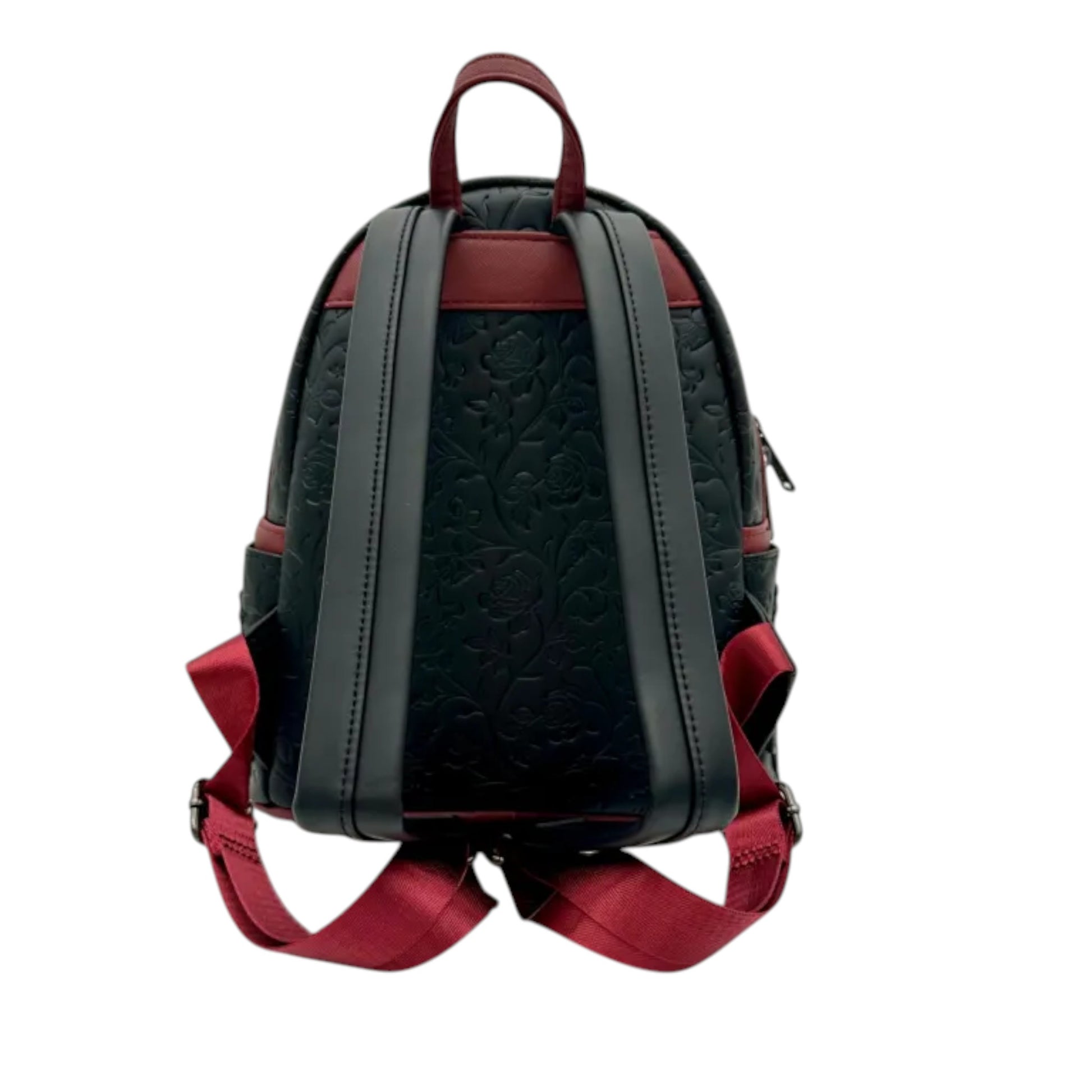 Back of Loungefly Dark Romance Mini Backpack with Black and red straps on a white background