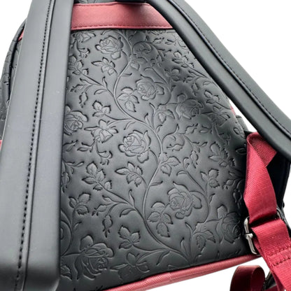 Back of Loungefly Dark Romance Mini Backpack with floral-patterned bag with a red and black straps strap on a white background