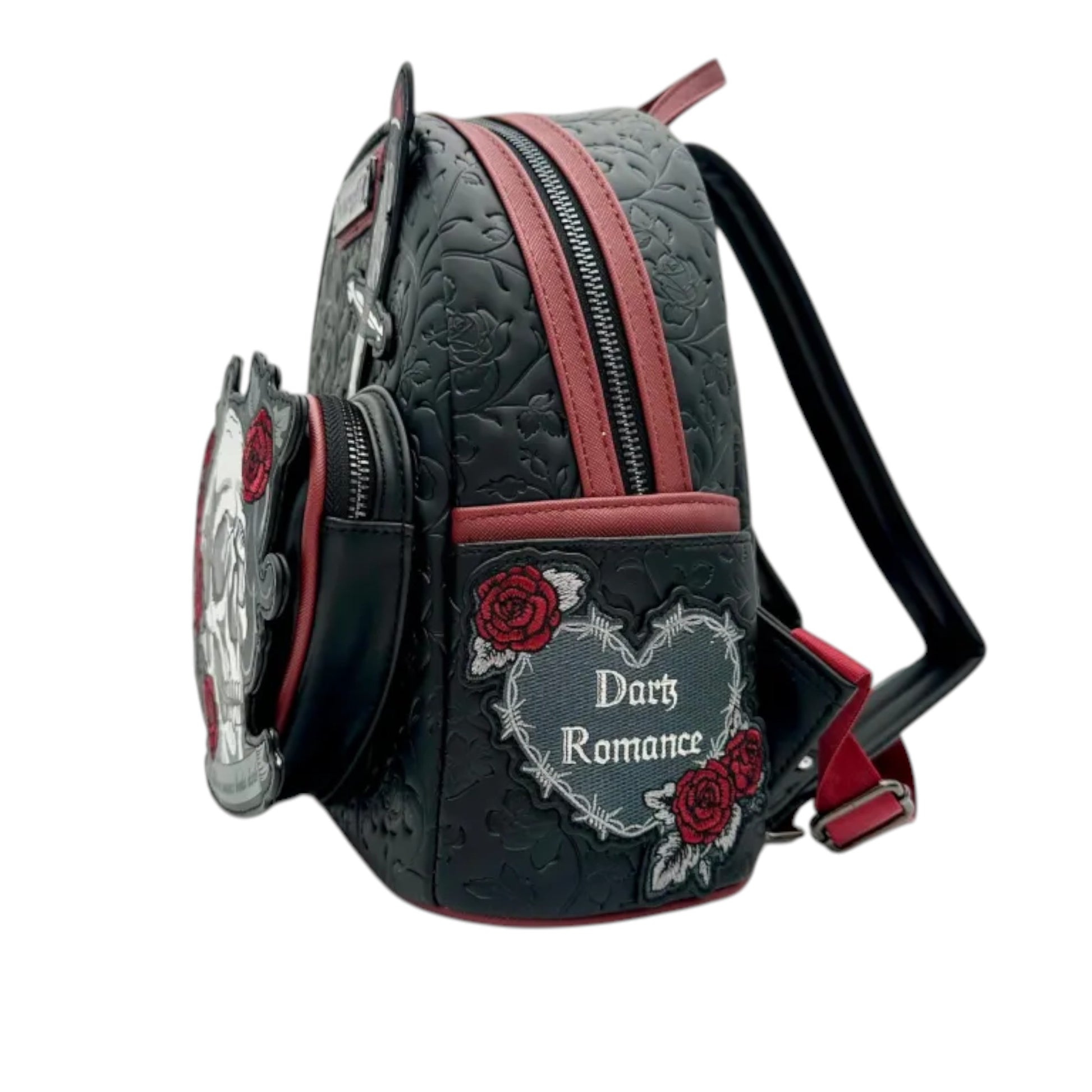 Side view of Loungefly Dark Romance Mini Backpack with roses and 'Dark Romance' text on a white background