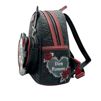 Side view of Loungefly Dark Romance Mini Backpack with roses and 'Dark Romance' text on a white background