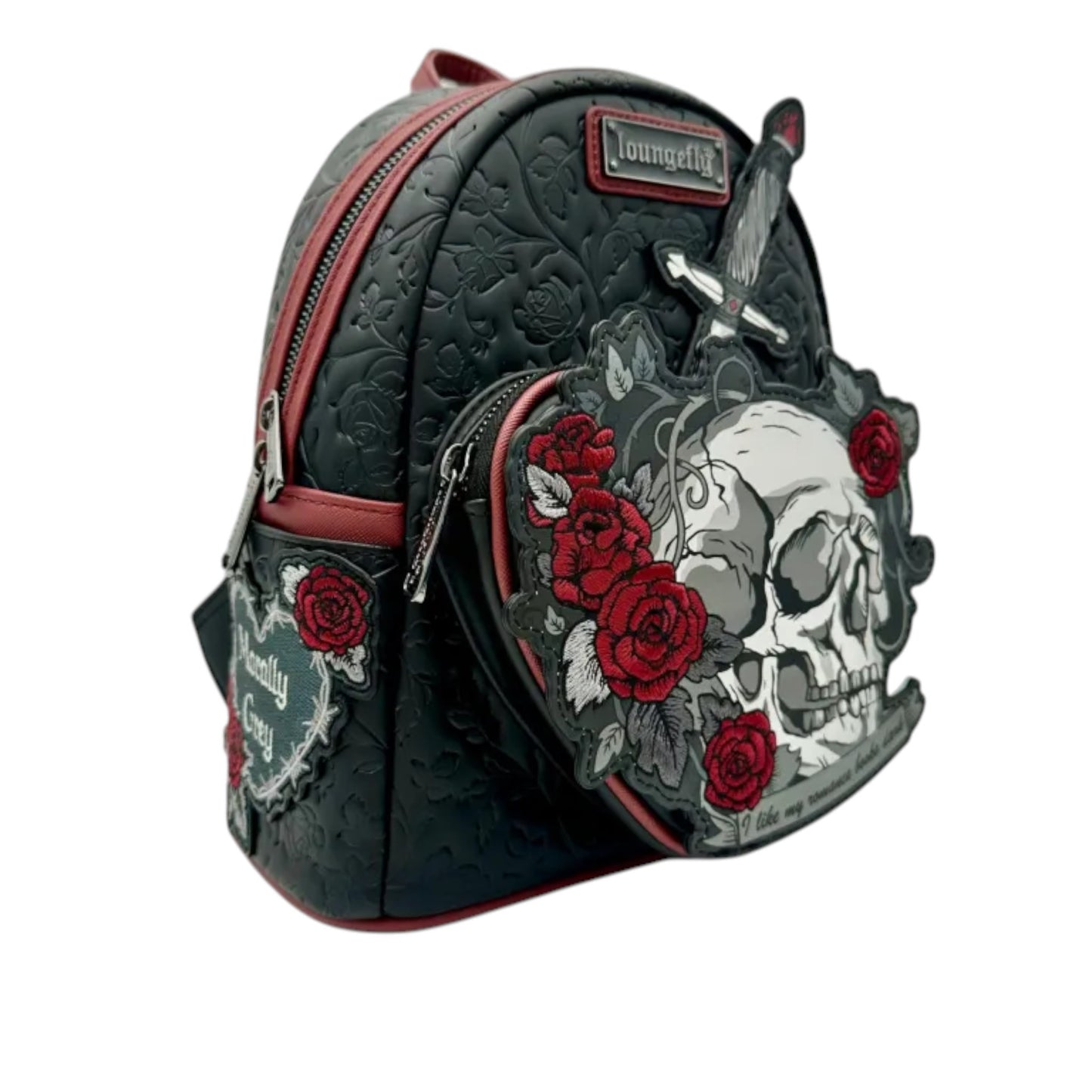 Loungefly Dark Romance Mini Backpack with skull, dagger, and roses design on a white background