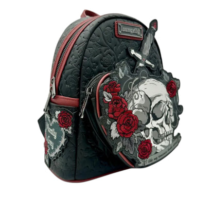 Loungefly Dark Romance Mini Backpack with skull, dagger, and roses design on a white background