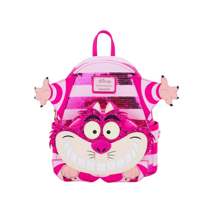 Pink and white striped Loungefly Alice in Wonderland Cheshire Cat Sequin Cosplay Mini Backpack with Cheshire Cat character face design on a white background
