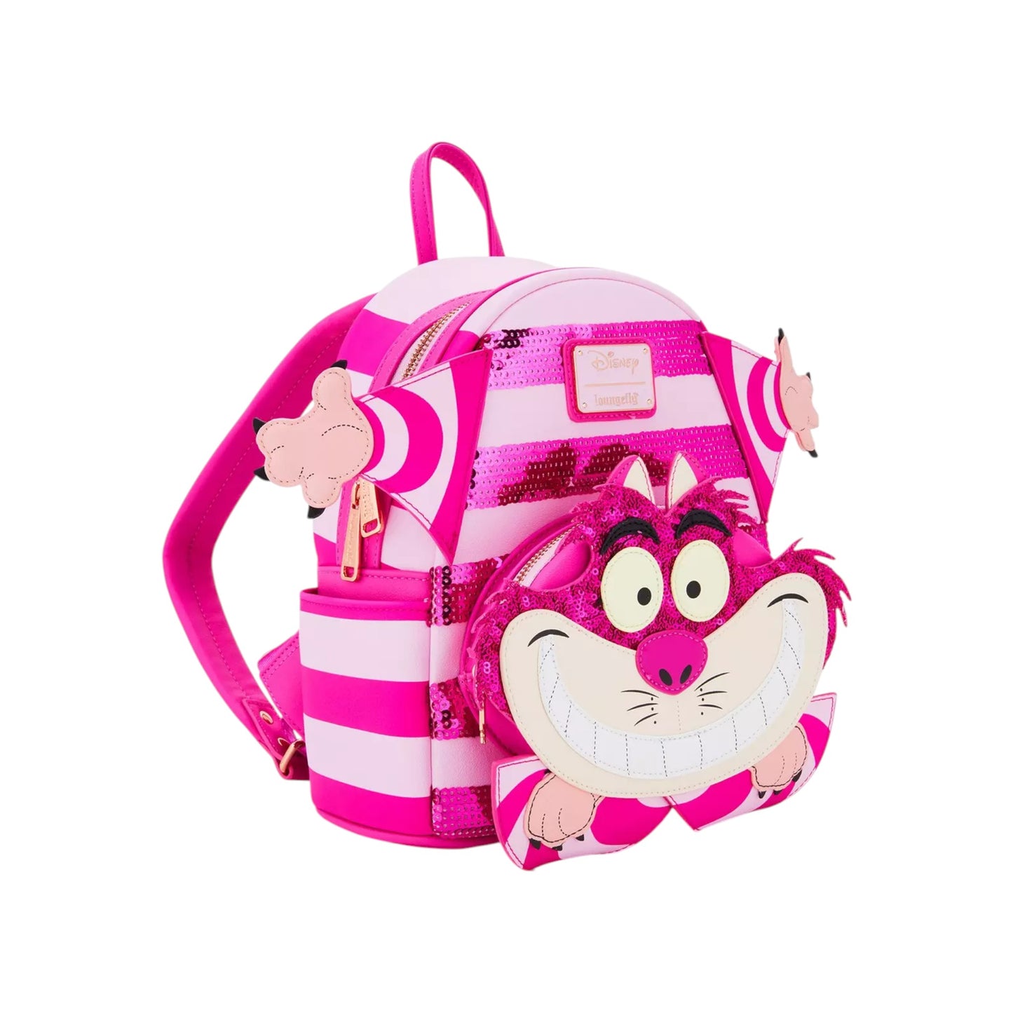 Pink and white striped Loungefly Alice in Wonderland Cheshire Cat Sequin Cosplay Mini Backpack with Cheshire Cat character face design on a white background