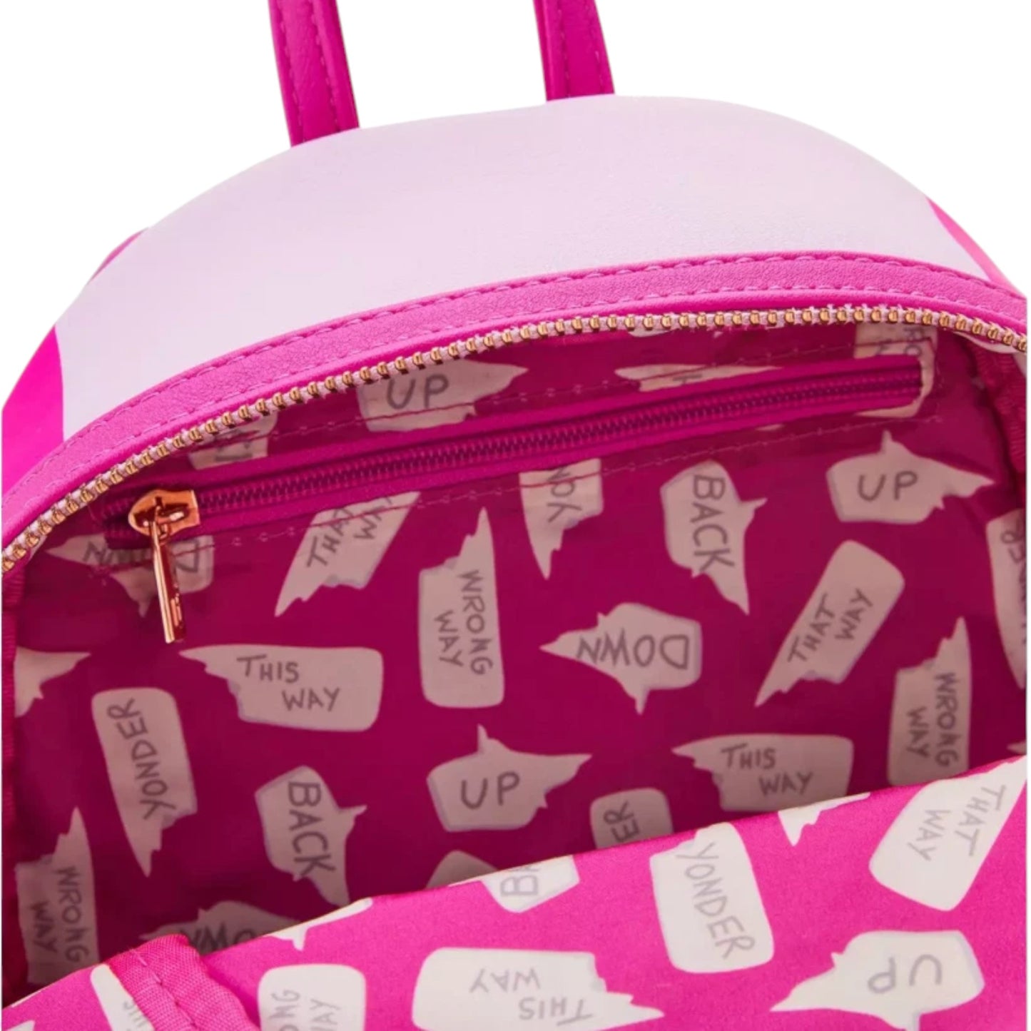 Inside of Pink and white striped Loungefly Alice in Wonderland Cheshire Cat Sequin Cosplay Mini Backpack with white text pattern on a white background
