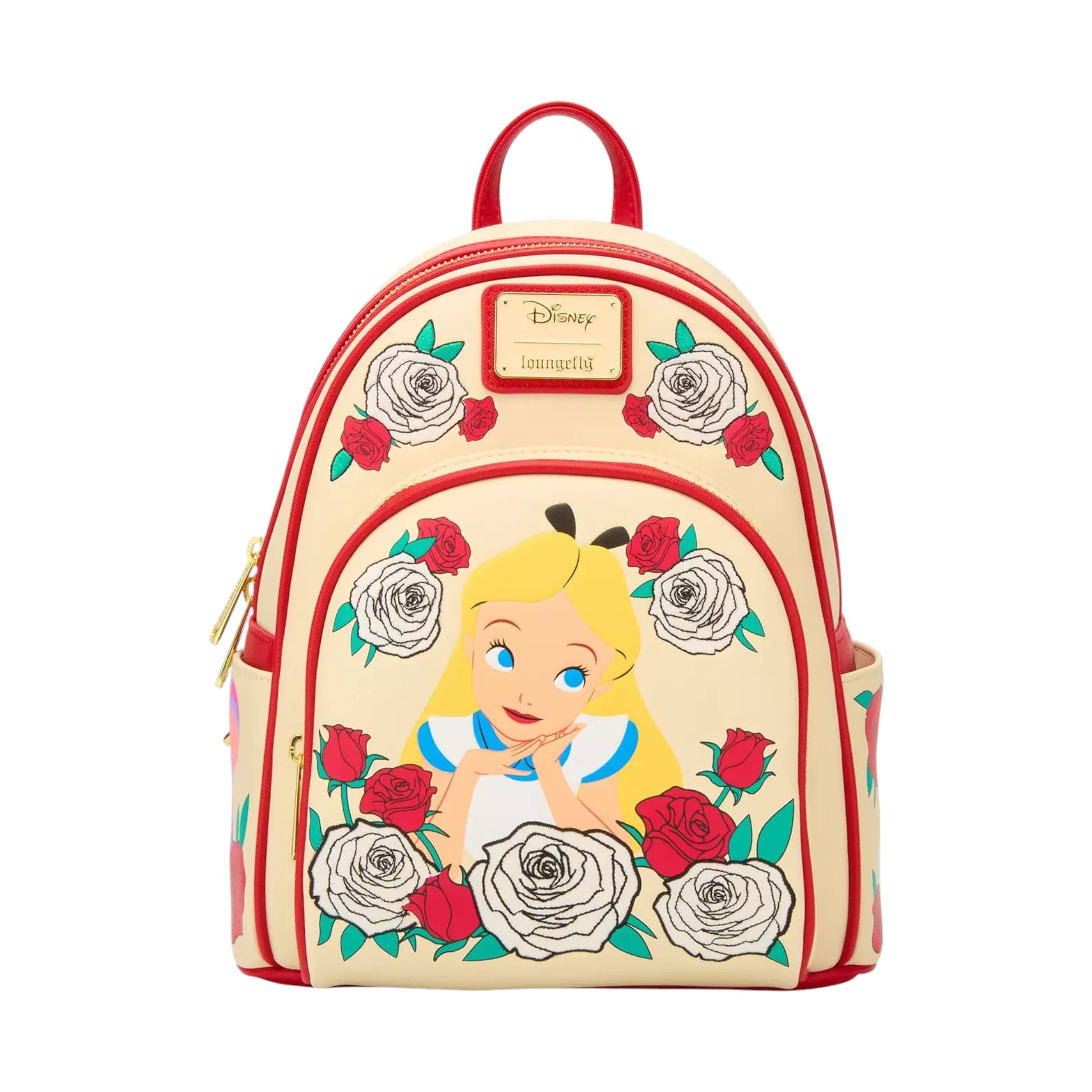 Alice in Wonderland Color Changing Roses Backpack with Alice design with roses on a white background