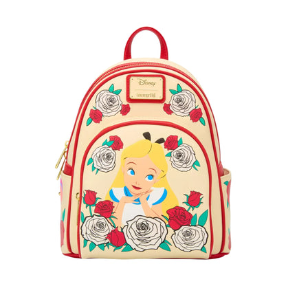 Alice in Wonderland Color Changing Roses Backpack with Alice design with roses on a white background
