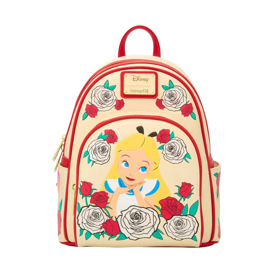 Alice in Wonderland Color Changing Roses Backpack with Alice design with roses on a white background