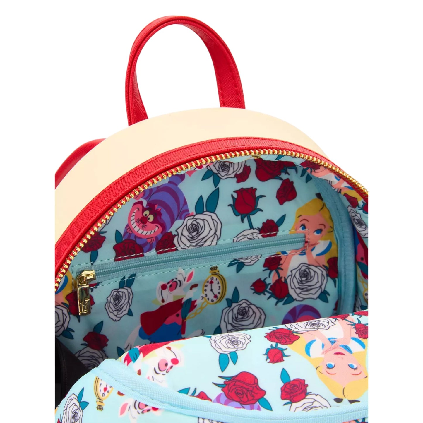 Alice in Wonderland Color Changing Roses Backpack with floral and Alice character design on a white background