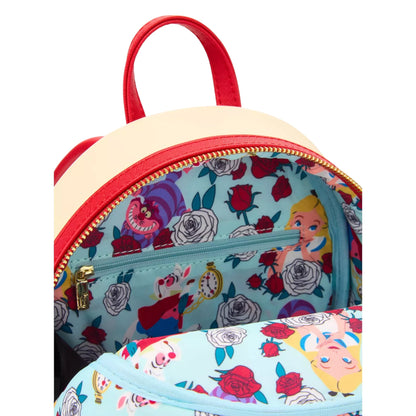 Alice in Wonderland Color Changing Roses Backpack with floral and Alice character design on a white background