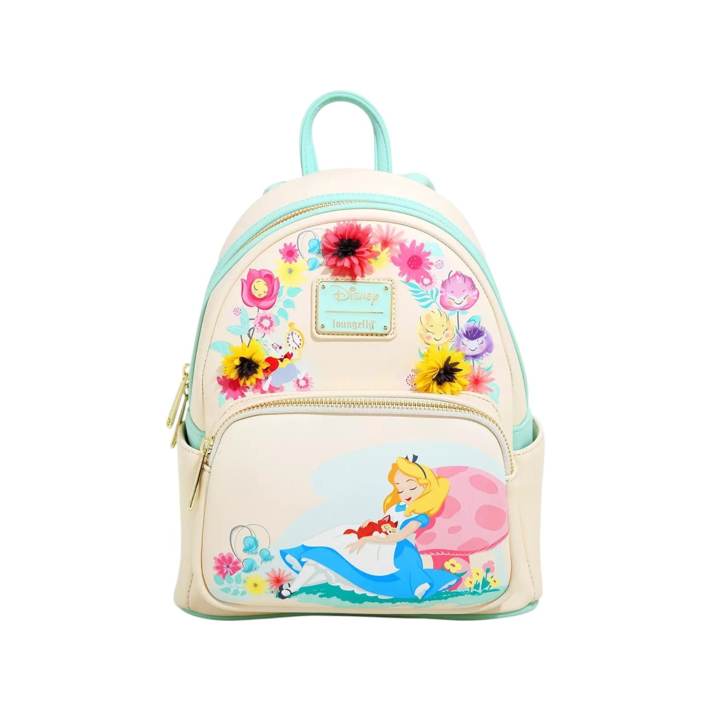 Alice in Wonderland Garden Flowers Mini Backpack with Alice character design laying against a mushroom with floral elements on a white background