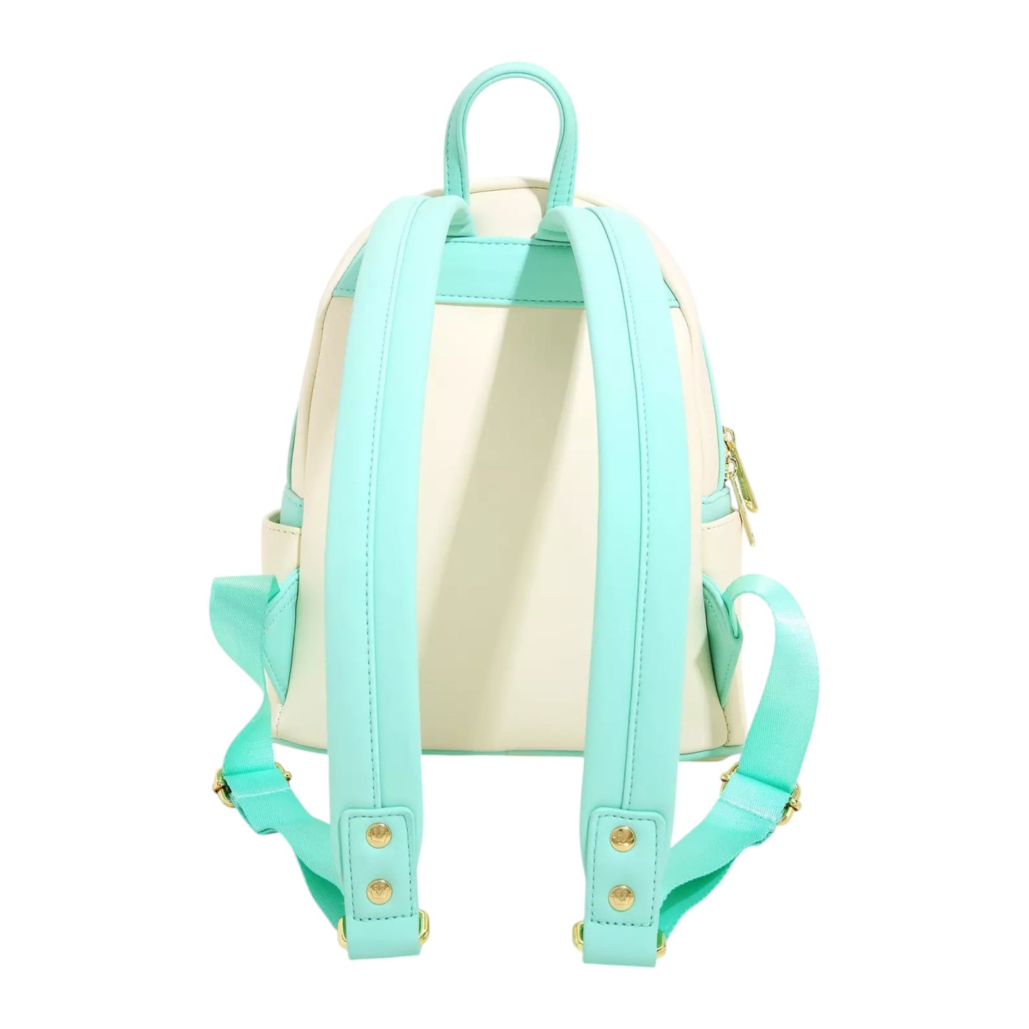 Back of Alice in Wonderland Garden Flowers Mini Backpack with blue straps on a white background