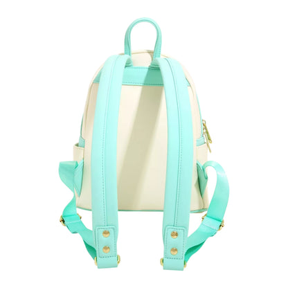 Back of Alice in Wonderland Garden Flowers Mini Backpack with blue straps on a white background