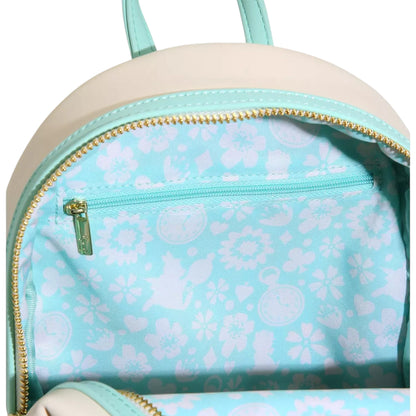 Close-up of Alice in Wonderland Garden Flowers Mini Backpack with with character and floral patterns on a light blue interior