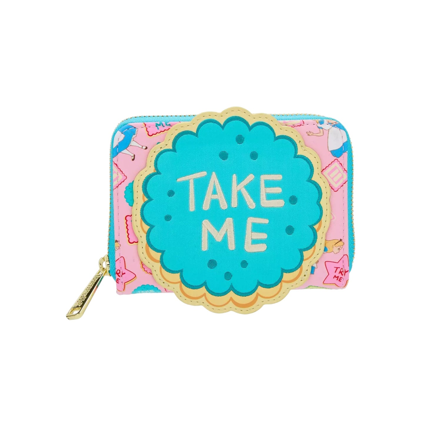 Colorful Alice in Wonderland Take Me Cookies cookie-shaped purse with 'Take Me' text on a white background