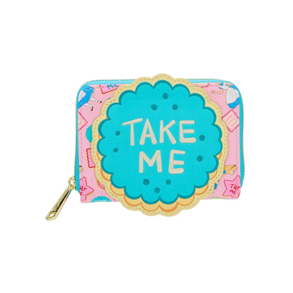 Colorful Alice in Wonderland Take Me Cookies cookie-shaped purse with 'Take Me' text on a white background